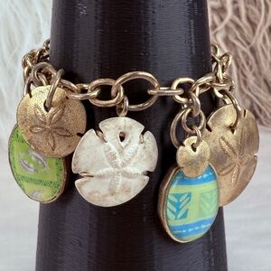 Vintage aged brasstone, bohemian island chic, shell charm bracelet